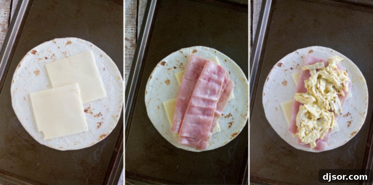 Cordon Bleu Grilled Chicken Wraps 3 Step-by-step assembly of Grilled Chicken Cordon Bleu Wraps ingredients, including tortillas, shredded chicken, ham, and Swiss cheese.