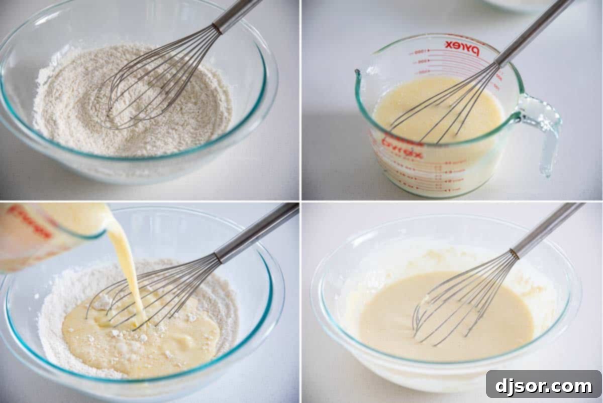 Step-by-step process of combining wet and dry ingredients to prepare waffle batter from scratch.