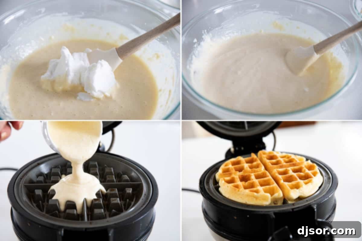 The process of folding stiff egg whites into waffle batter to create light and fluffy texture.