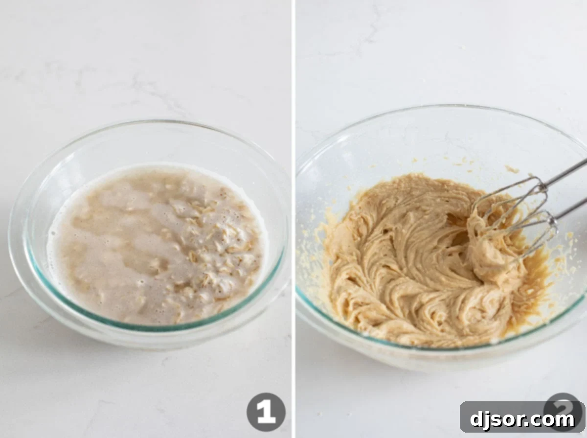 Spiced Oatmeal Delight 4 Soaking oats in warm water and starting the cake batter mixing process.