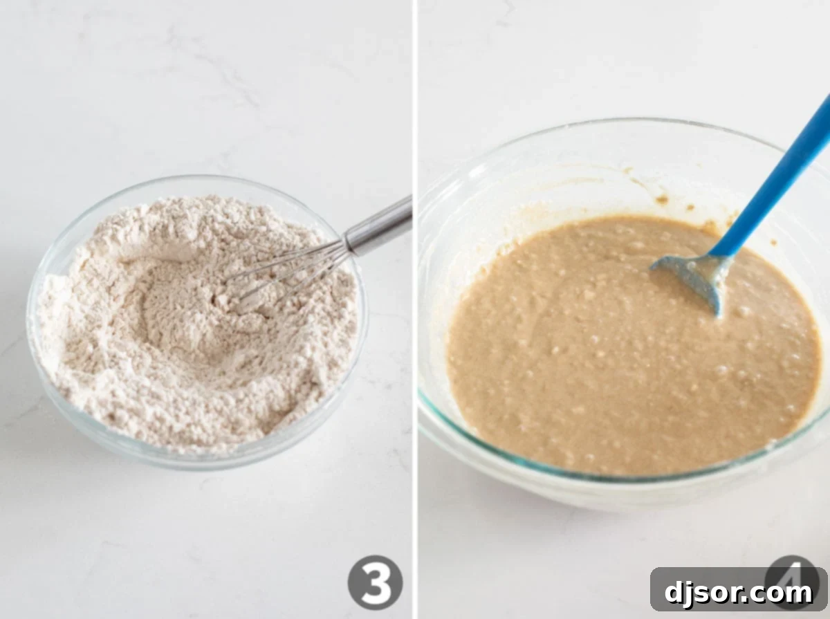 Spiced Oatmeal Delight 5 Mixing dry ingredients in a bowl and then stirring all cake ingredients together.