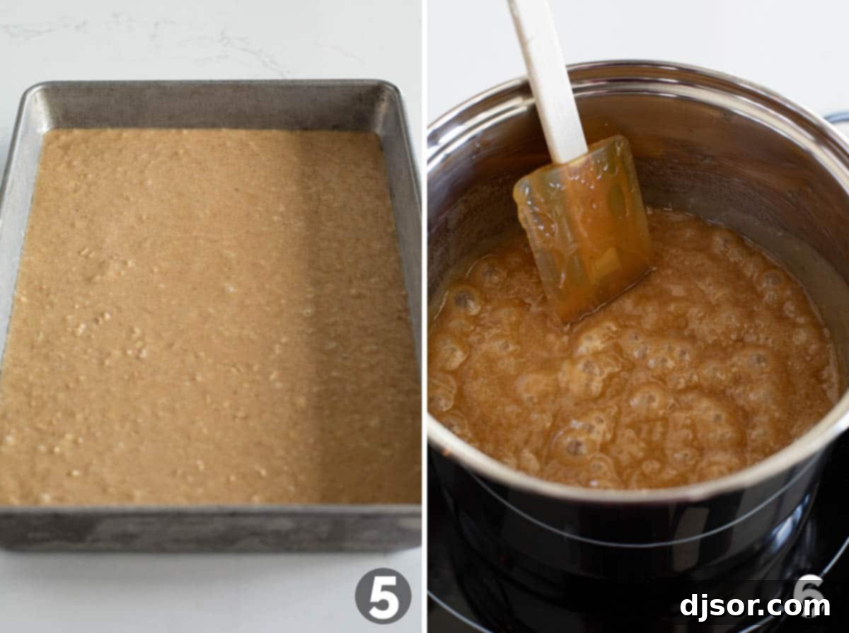 Spiced Oatmeal Delight 6 Adding cake batter to a greased baking pan and beginning to prepare the coconut topping.