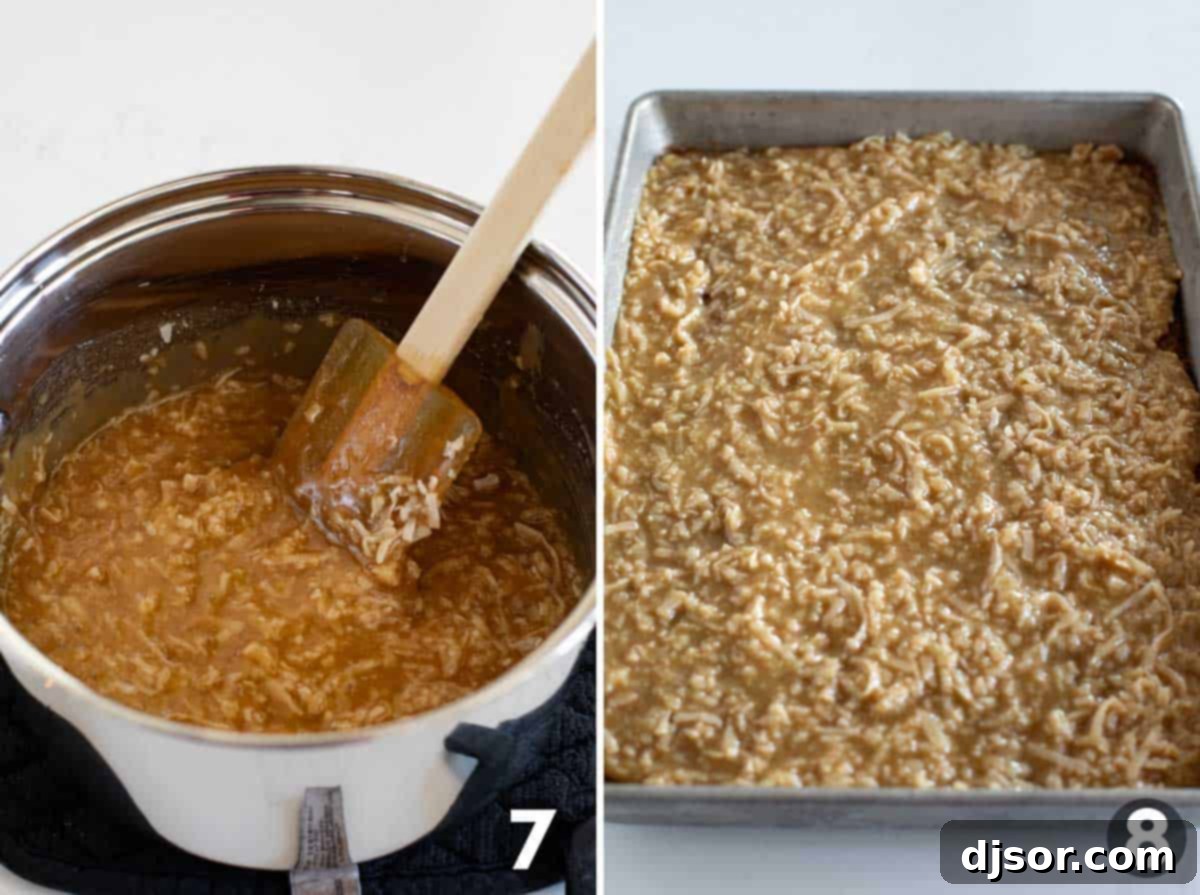 Spiced Oatmeal Delight 7 Making the sweet coconut topping and spreading it evenly over the baked oatmeal cake.