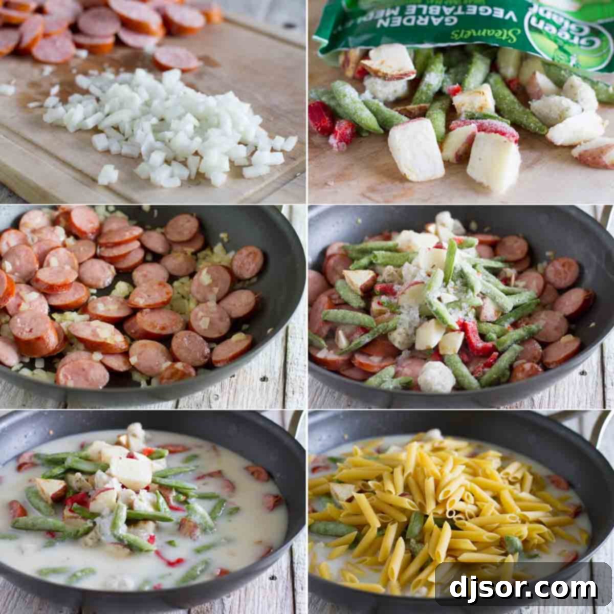 A collage of three step-by-step photos illustrating the preparation of skillet pasta with sausage: browning sausage and onions, combining vegetables, broth, and pasta, and the final cooked dish in the pan.
