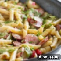 Skillet with pasta and sausaage