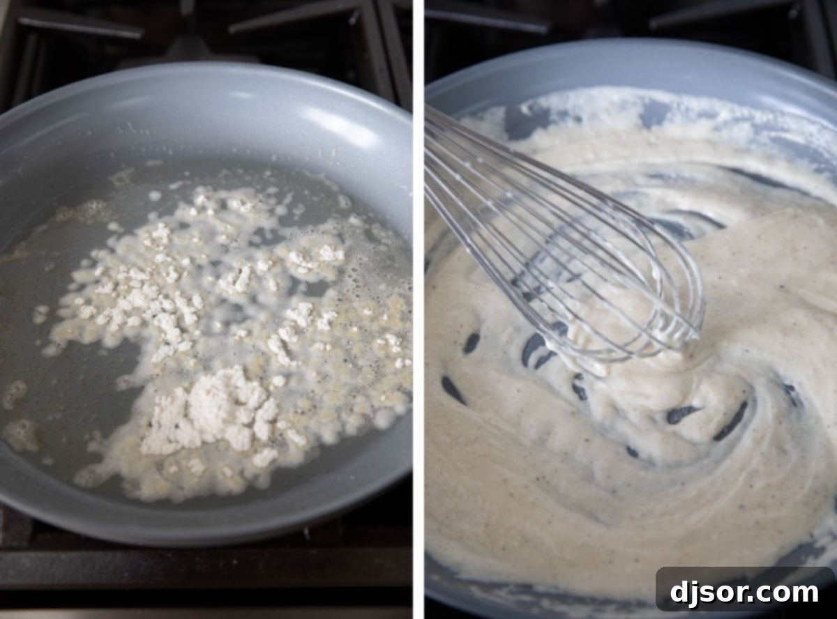 Breakfast meets dinner with this Egg Pizza with Creamed Spinach which tops pizza dough with creamed spinach and a perfectly cooked egg. Close-up of butter, flour, and heavy cream being whisked together in a skillet to form the base of the creamed spinach.