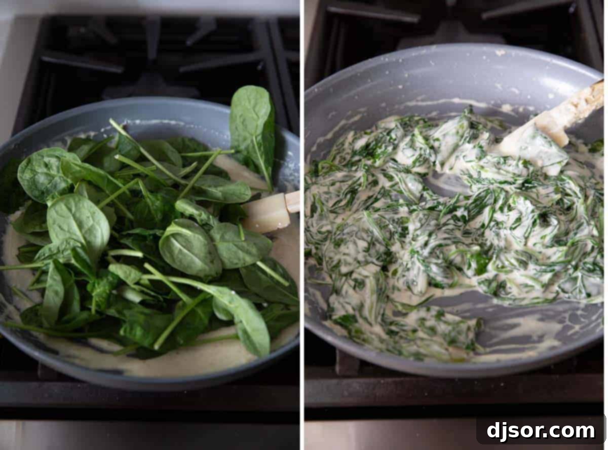 Breakfast meets dinner with this Egg Pizza with Creamed Spinach which tops pizza dough with creamed spinach and a perfectly cooked egg. Fresh spinach being added gradually to the creamy sauce in a skillet, gently stirring until it wilts.