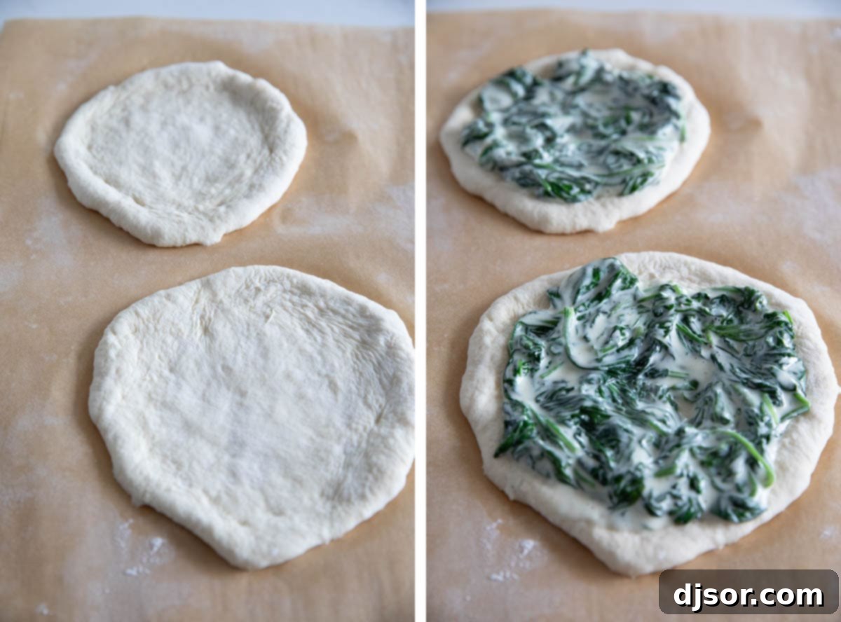 Breakfast meets dinner with this Egg Pizza with Creamed Spinach which tops pizza dough with creamed spinach and a perfectly cooked egg. Pizza dough being shaped into individual rounds, then topped with a generous layer of creamed spinach.