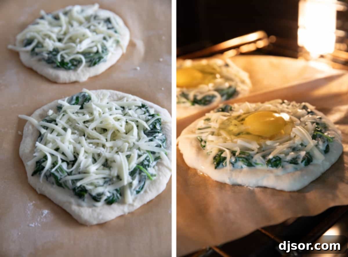 Breakfast meets dinner with this Egg Pizza with Creamed Spinach which tops pizza dough with creamed spinach and a perfectly cooked egg. Mozzarella cheese being added to the creamed spinach pizza, followed by cracking an egg into the center before baking.