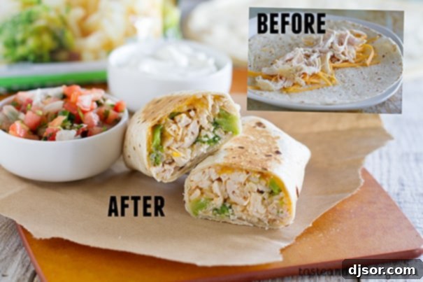 Before and after grilling: simple chicken burritos transformed into cheesy chicken and broccoli grilled burritos.