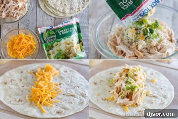 Step-by-step process of making grilled chicken and broccoli burritos, showing the mixture and assembly.