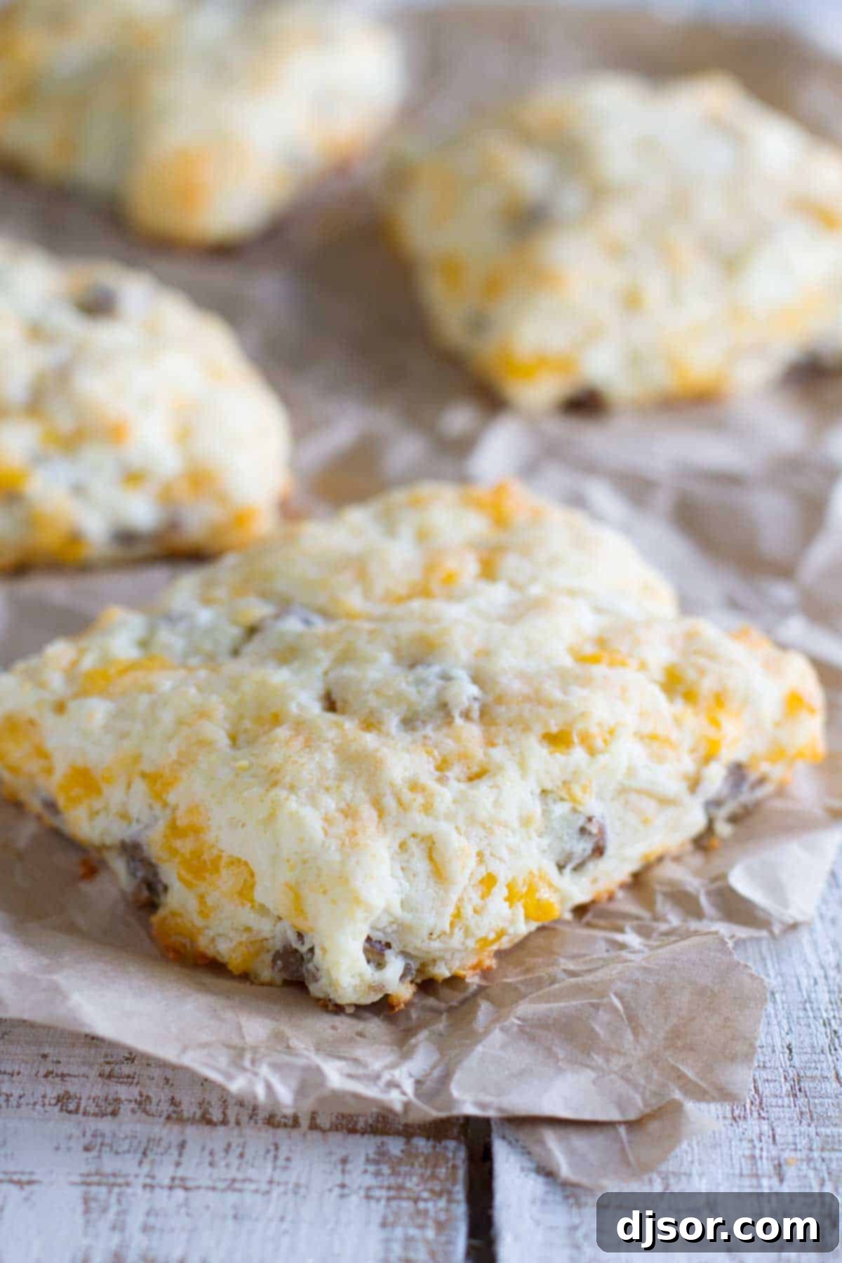 Cheddar Sausage Biscuits: A Southern Comfort Twist 3 Freshly baked Cheddar Sausage Biscuits cooling on parchment paper after coming out of the oven.