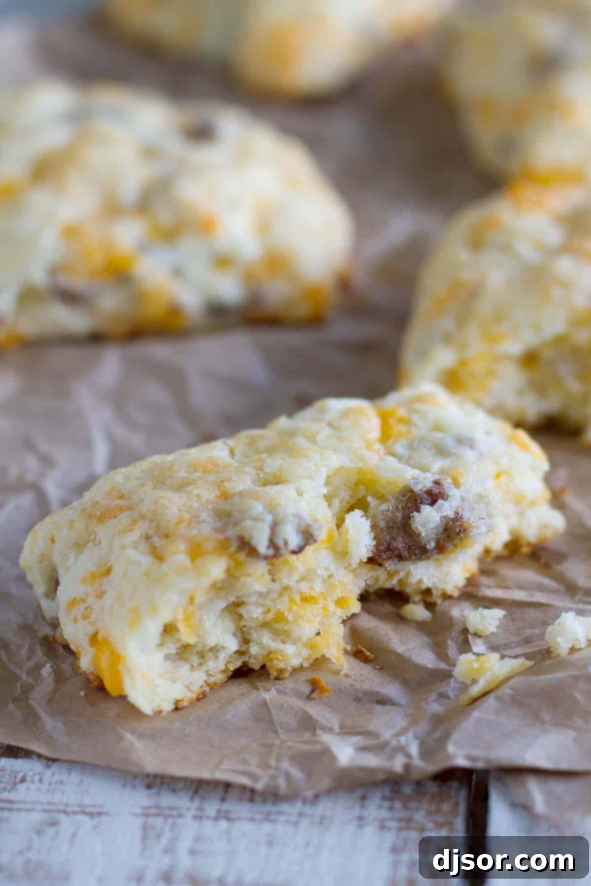 Cheddar Sausage Biscuits: A Southern Comfort Twist 4 A Cheddar sausage biscuit broken in half, revealing its tender, cheesy, and sausage-filled interior.
