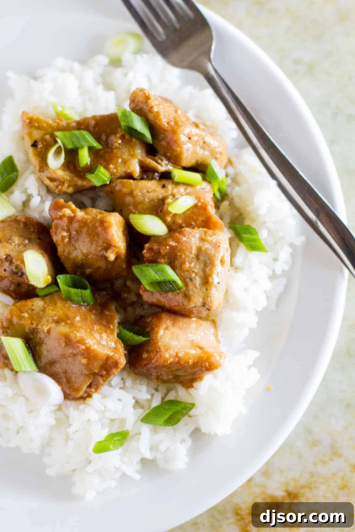 Boneless pork roast is slow cooked in a sweet Asian-inspired sauce and then served over rice in this Asian Slow Cooker Pork Roast. Asian Crock Pot Pork Roast topped with fresh green onions, ready to serve.
