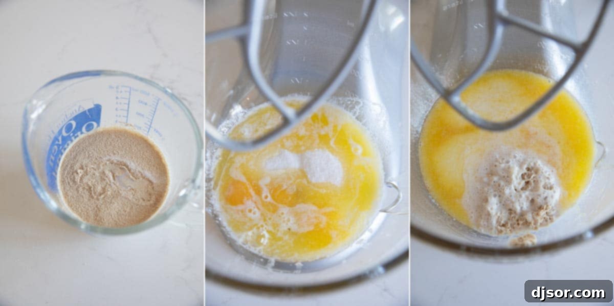 Active dry yeast activating in a measuring cup of warm milk, creating a foamy top, next to a stand mixer bowl containing eggs, butter, and sugar, all set for brioche dough preparation.