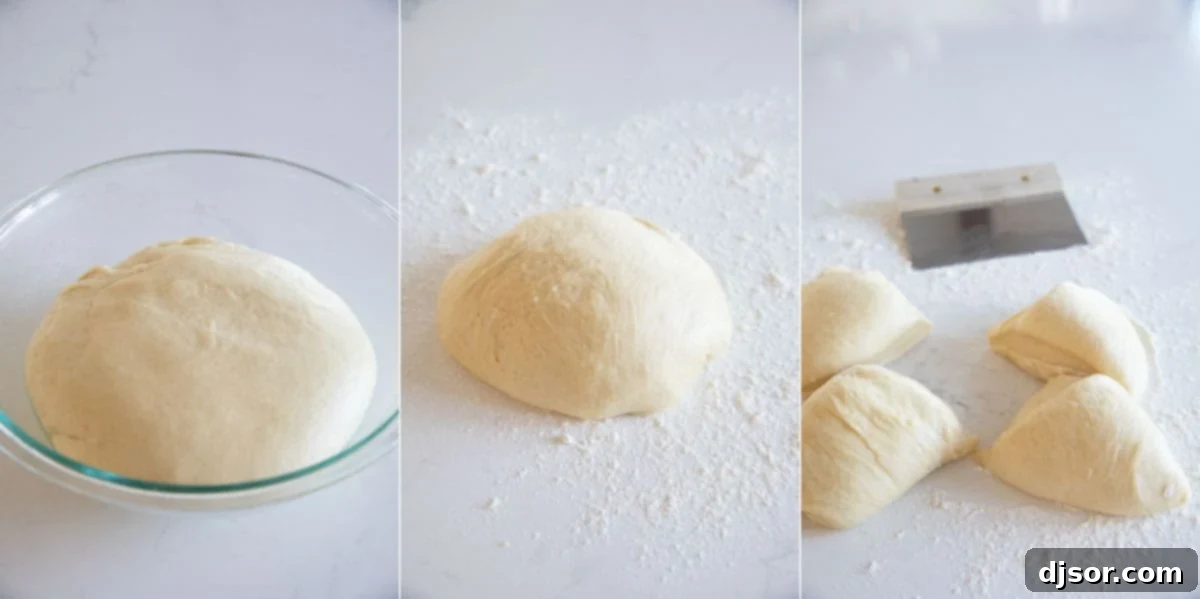 Brioche dough after its first rise, beautifully doubled in size and puffy, resting in a bowl. A knife is placed next to it, ready for cutting and shaping.