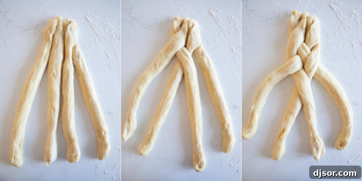 A step-by-step visual guide demonstrating how to braid a four-strand brioche loaf. Four dough ropes are shown in various stages of being crossed over each other.