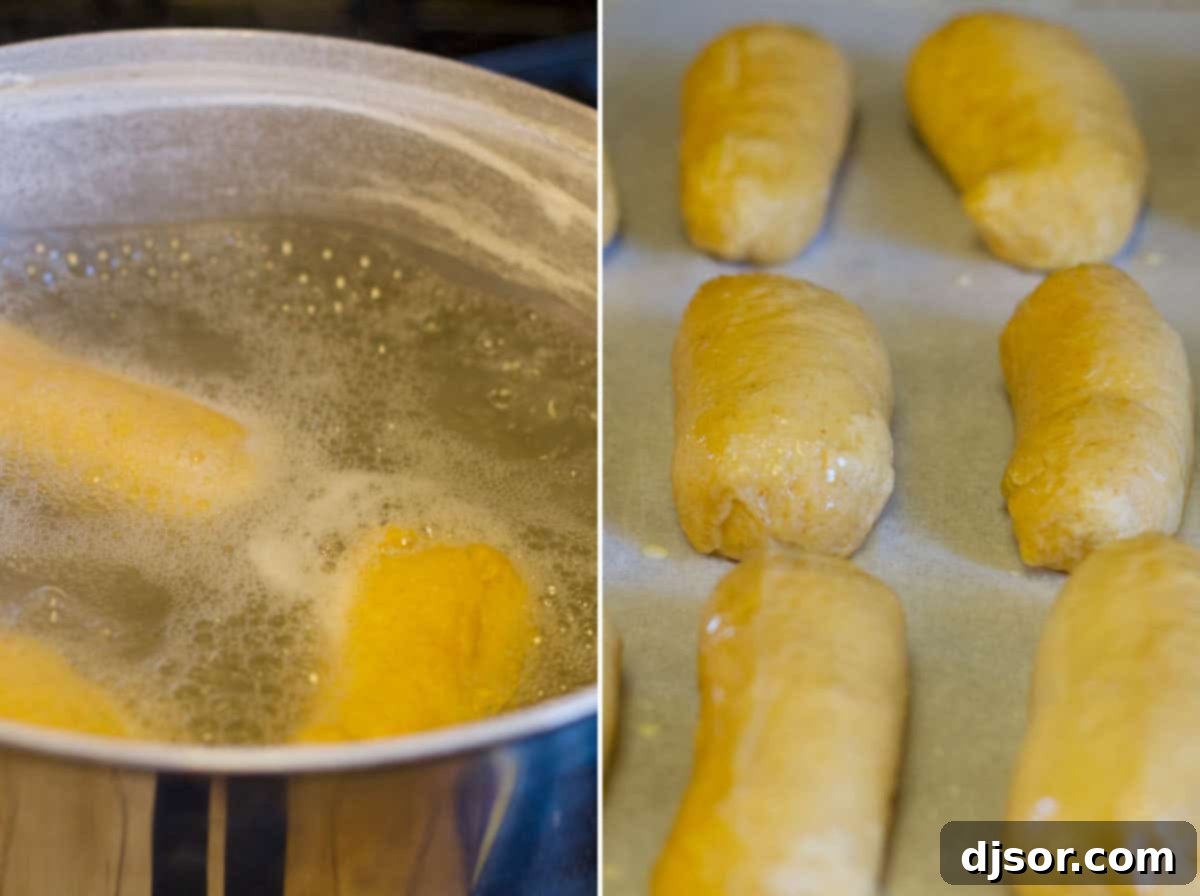 Boiling soft pretzel sticks and putting them on a baking sheet.