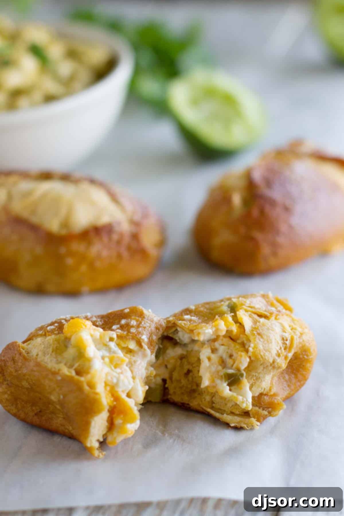 Jalapeño Stuffed Taco Soft Pretzel Stick torn in half to show filling.