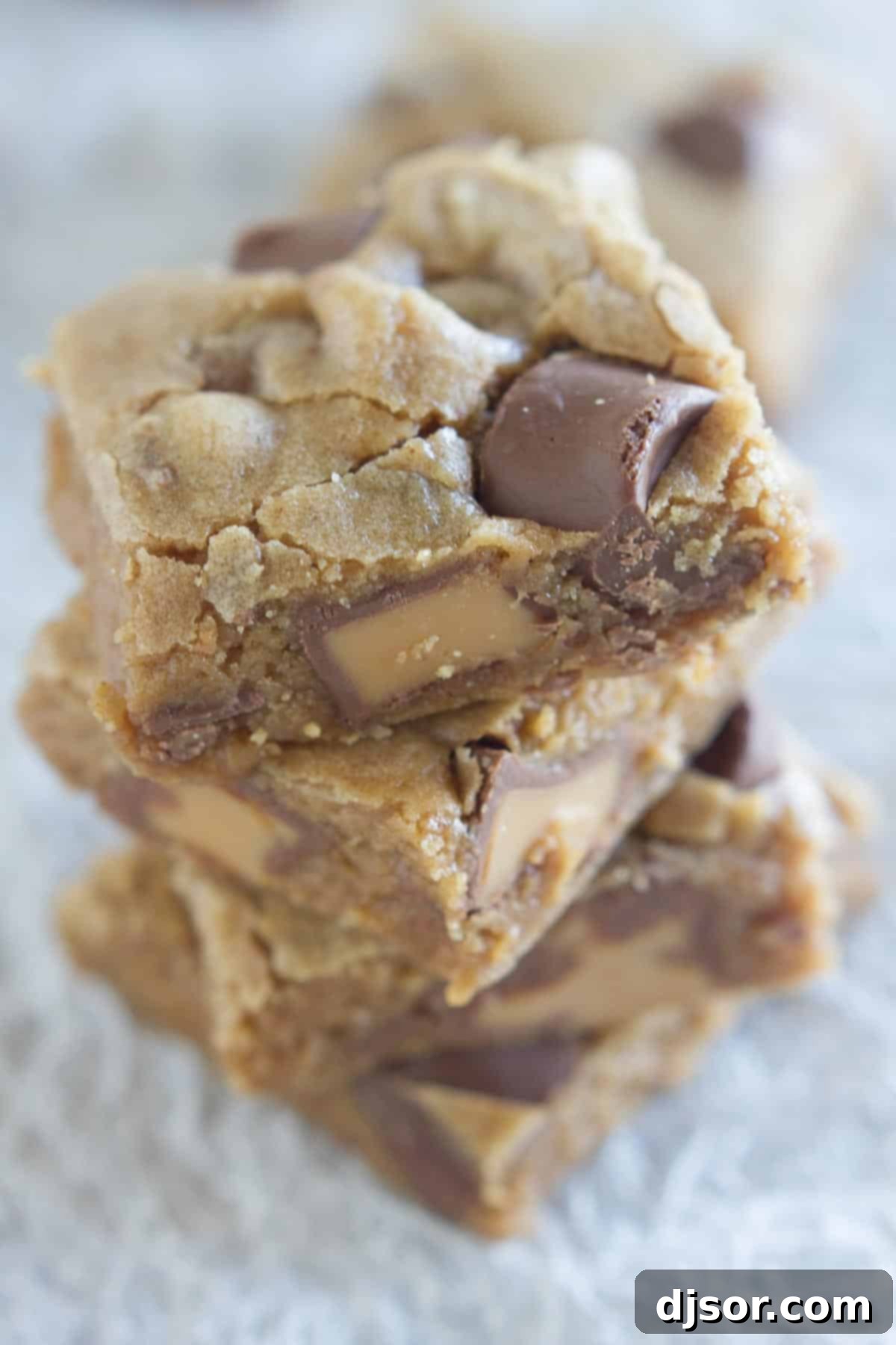Soft and chewy Spice Cake Caramel Blondies, showcasing the golden caramel candies nestled throughout the spiced blondie base.
