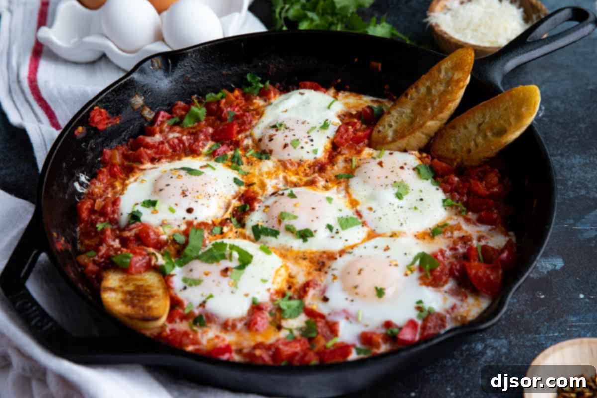 Shakshuka with crusty bread in a cast iron skillet