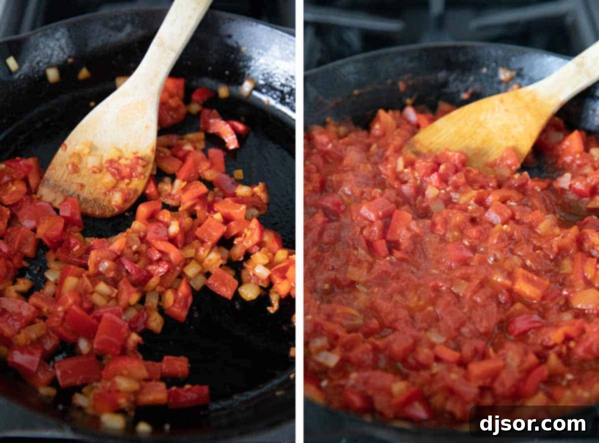 mixing in tomatoes to vegetables for shakshuka