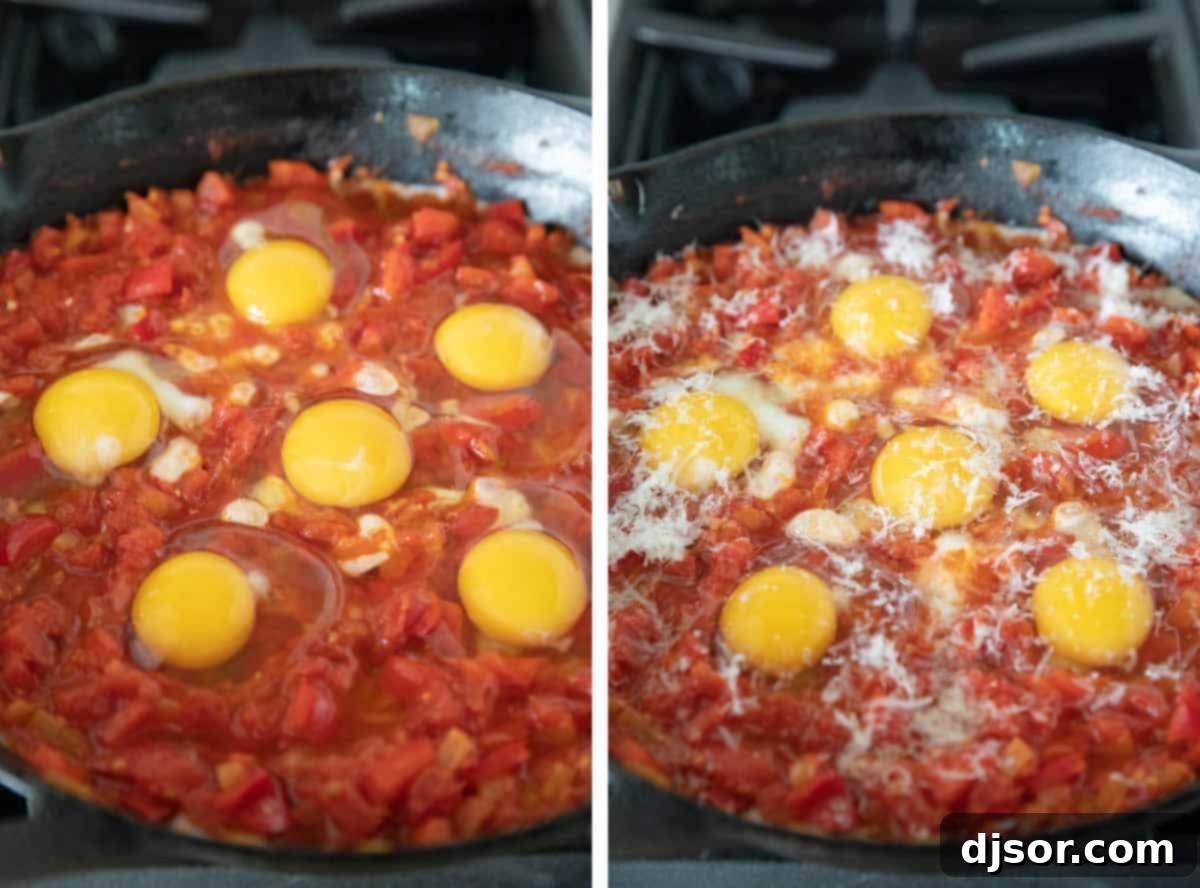 Adding eggs and parmesan to tomato mixture