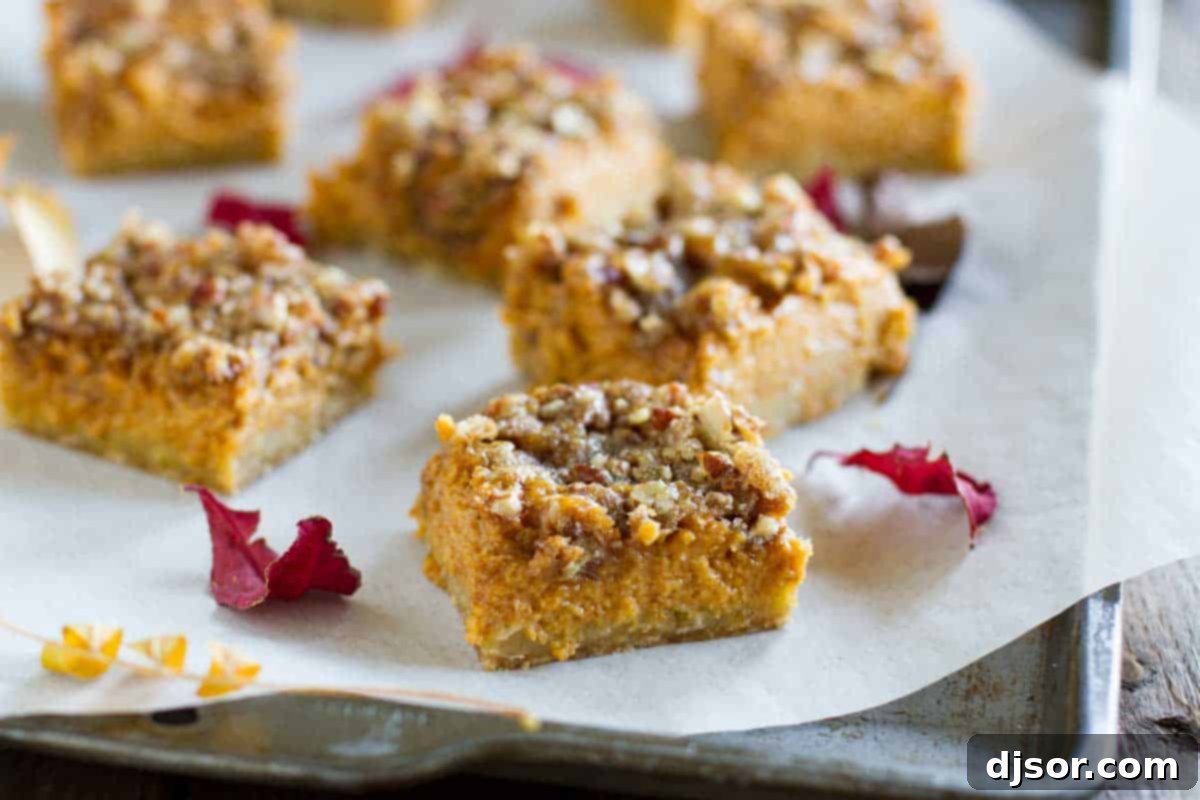 Delectable Pumpkin Pie Bars adorned with a rich crumb topping, perfectly baked and ready to be enjoyed.