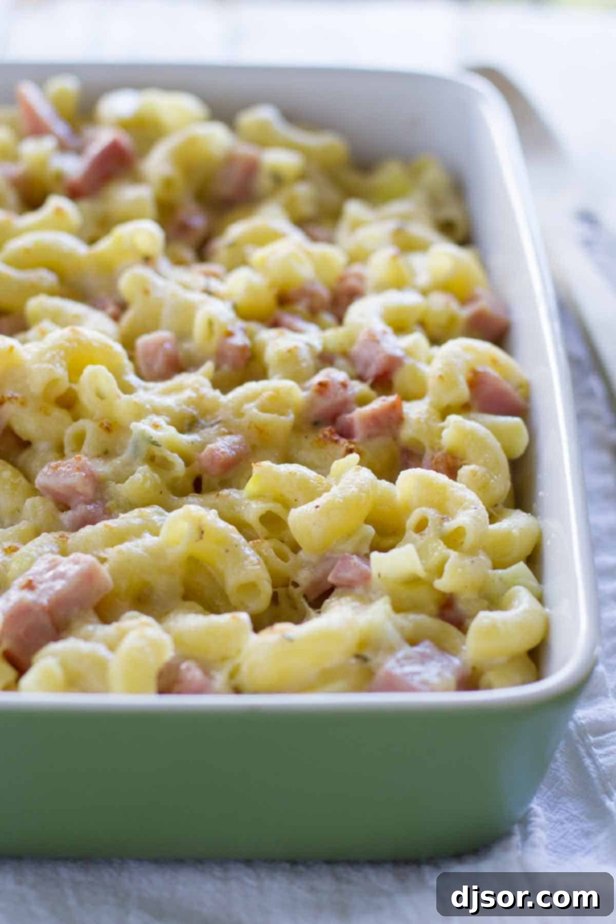 dish of homemade Mac and Cheese with Ham and Leeks