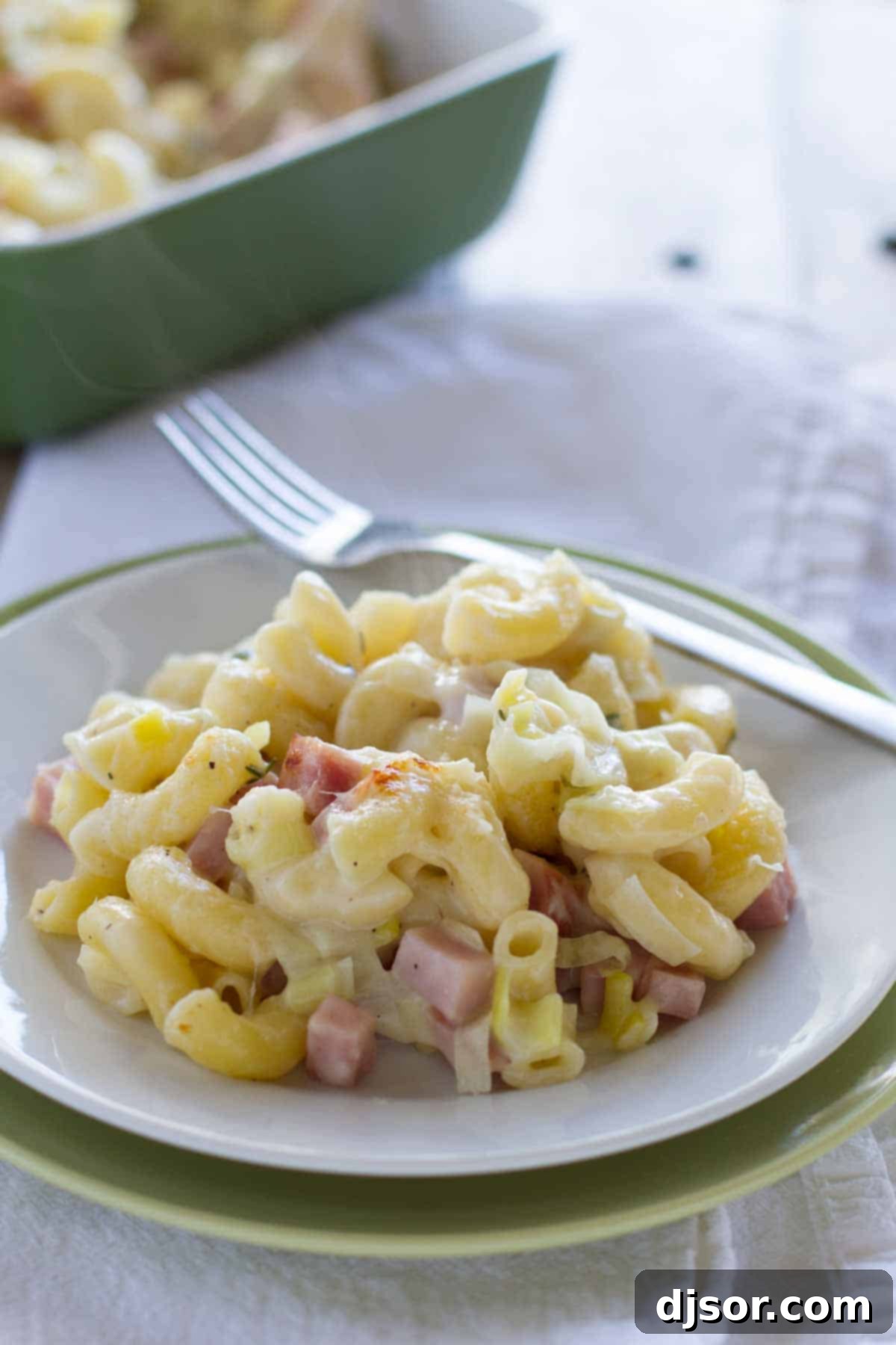 plate filled with Mac and Cheese with Ham
