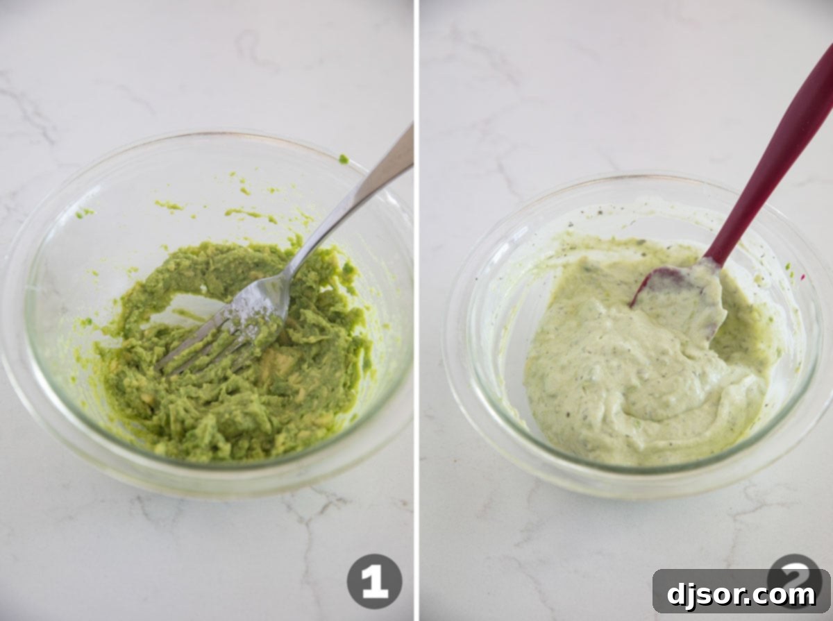 Making avocado ranch dipping sauce for southwest egg rolls.