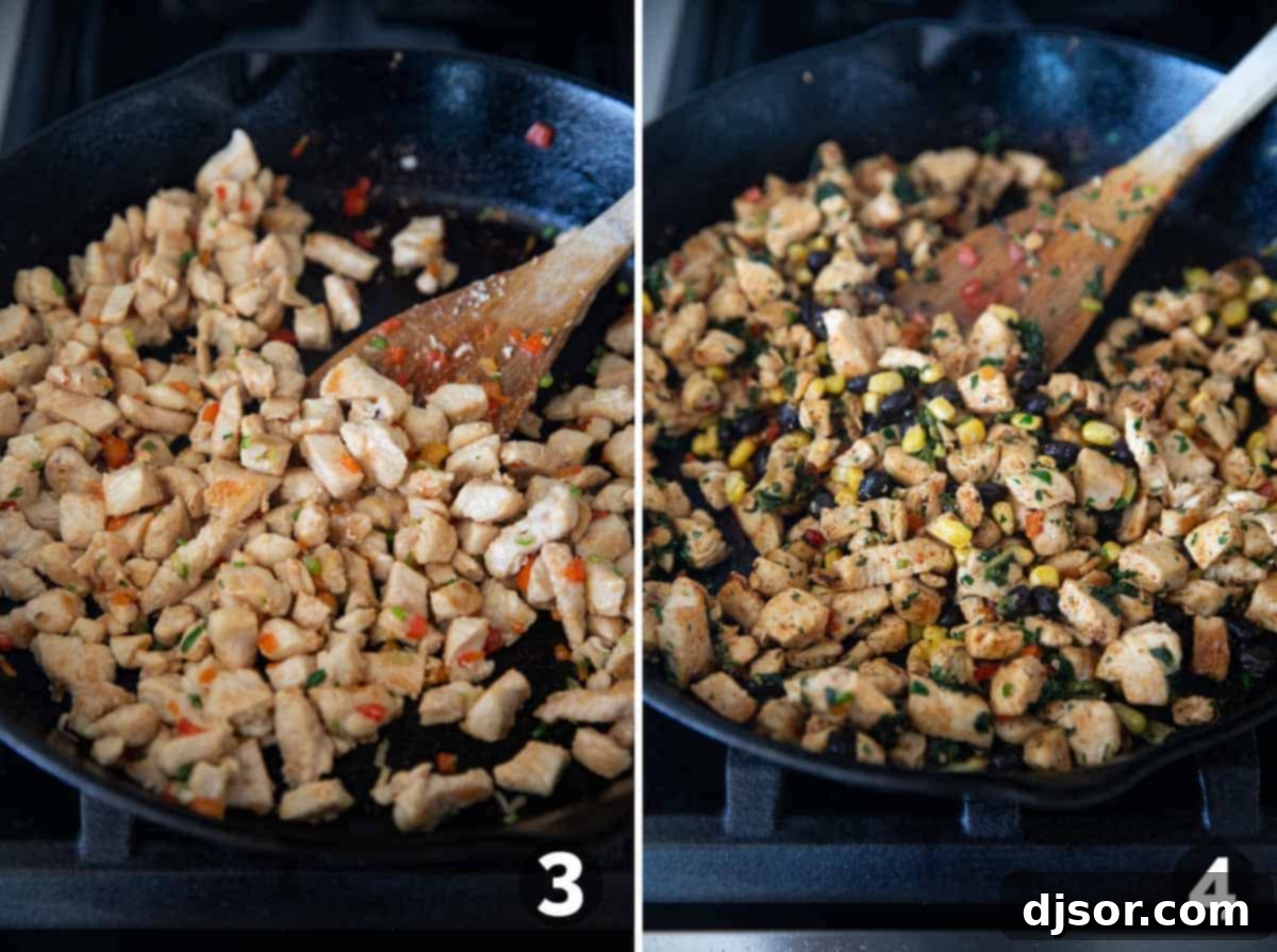 Cooking chicken filling for Southwest Egg Rolls.