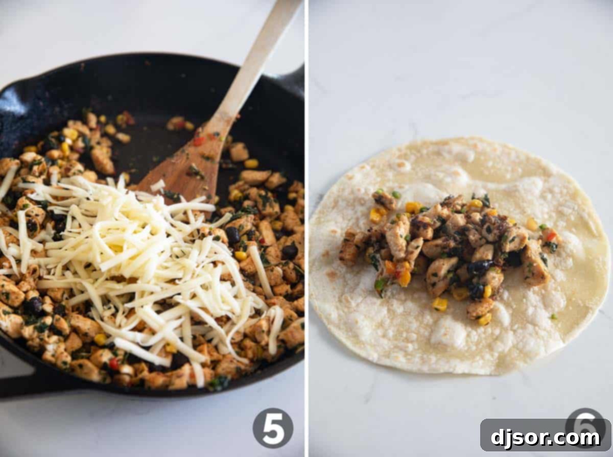 Adding cheese to filling, then putting filling onto a tortilla.