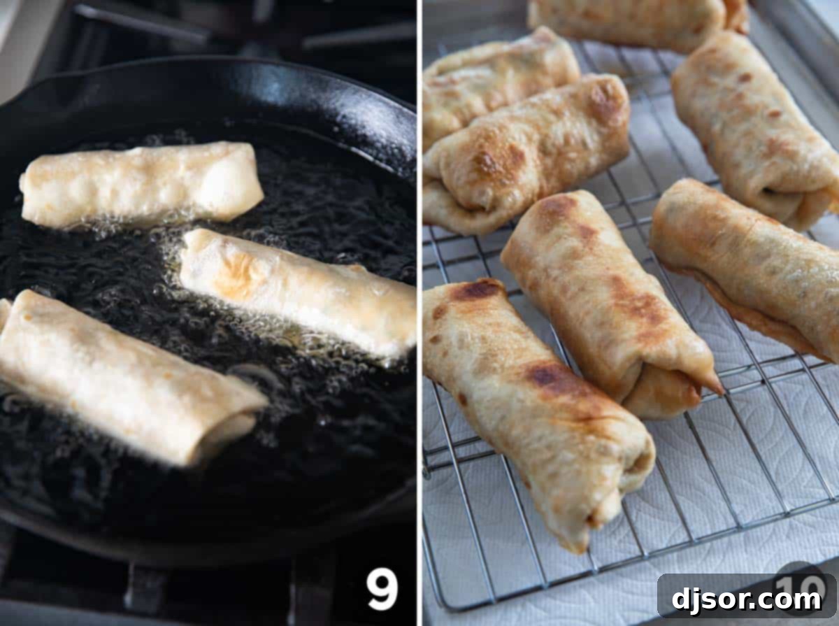 Frying Southwest Egg Rolls.