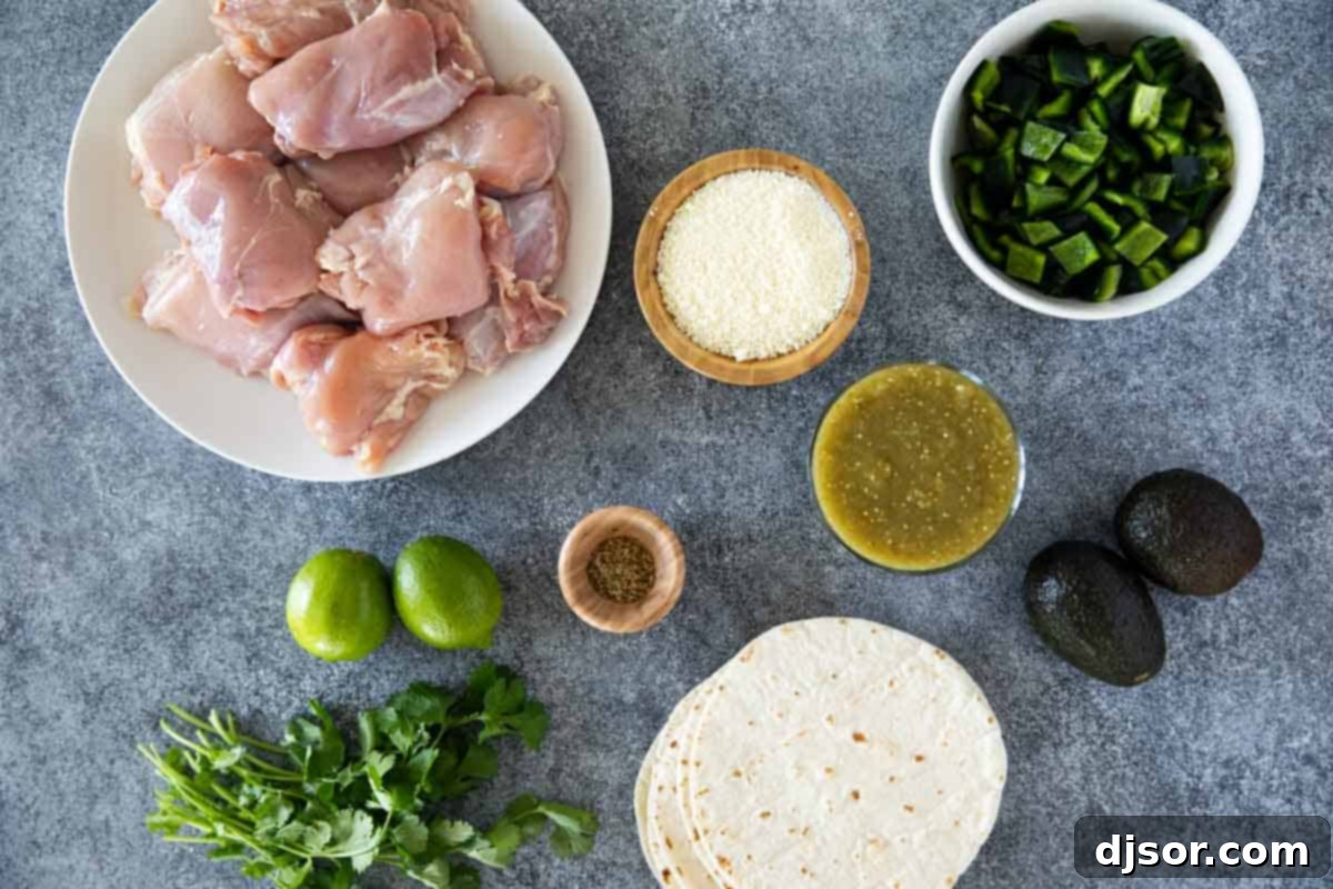 Ingredients for Slow Cooker Chicken Tacos laid out on a kitchen counter.