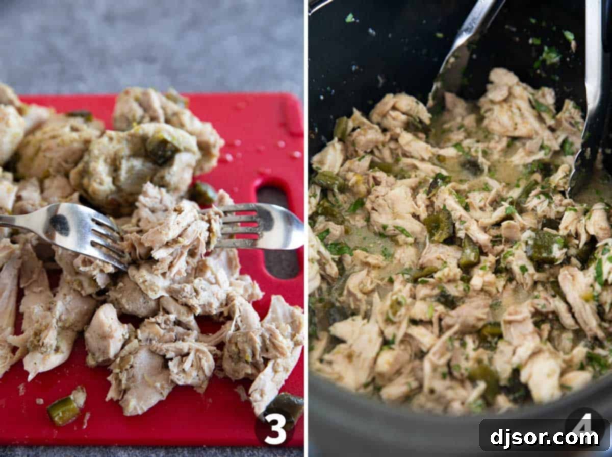 Shredding chicken and adding to filling for slow cooker chicken tacos, showing tender chicken being mixed back into the sauce.