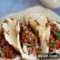 Pizza Tacos with sausage and pepperoni in flour tortillas.