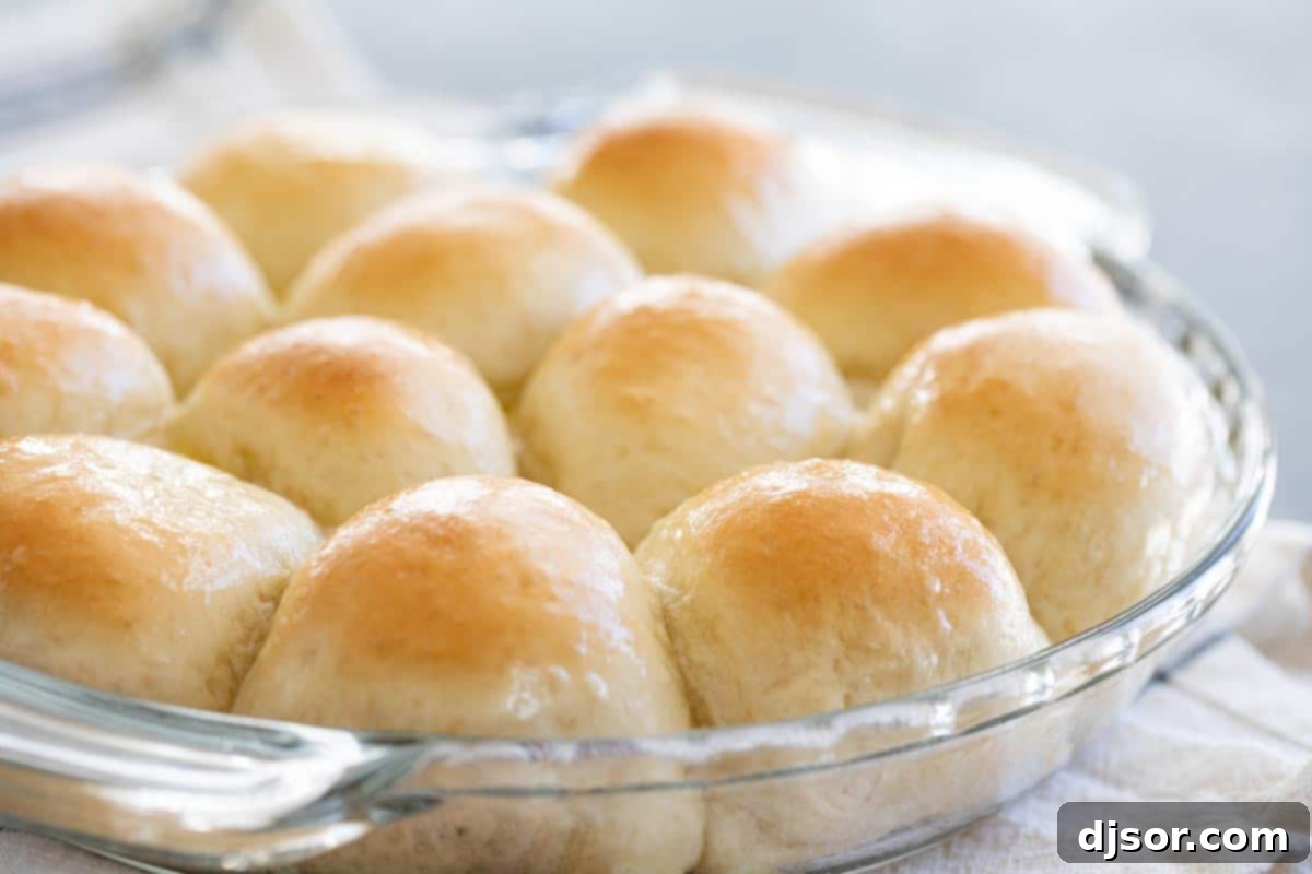 Dish of freshly baked golden-brown dinner rolls, soft and ready to serve.