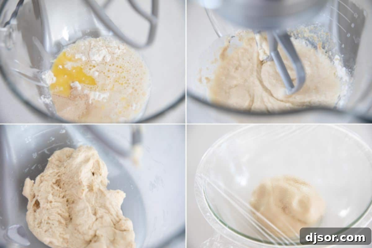 Step-by-step process of mixing and kneading dough for homemade dinner rolls.