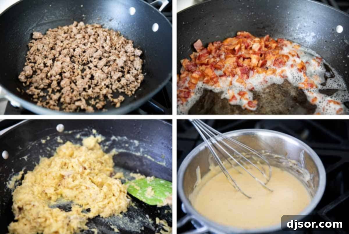 Preparing Breakfast Pizza Toppings Making the toppings for breakfast pizza, including cooking sausage and bacon in a skillet.