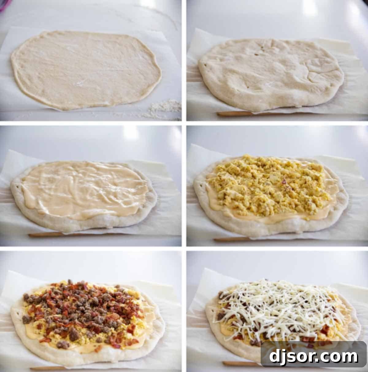 Assembling Breakfast Pizza Steps for topping pizza dough for breakfast pizza, showing cheese sauce, eggs, bacon, and sausage.
