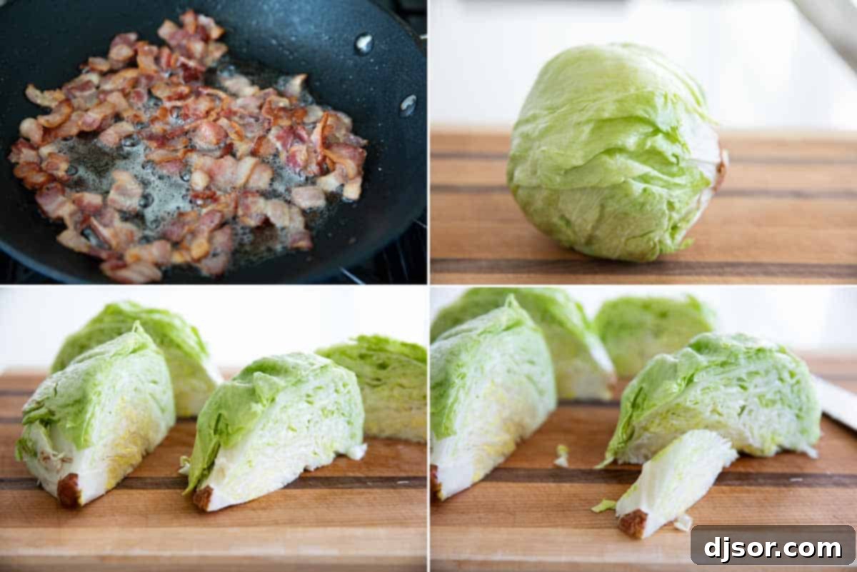 Simple steps to assemble your perfect wedge salad, from prep to plate. Step-by-step process of preparing a wedge salad, showing cooked bacon, a head of lettuce being cut into wedges, and the final assembly of the salad.