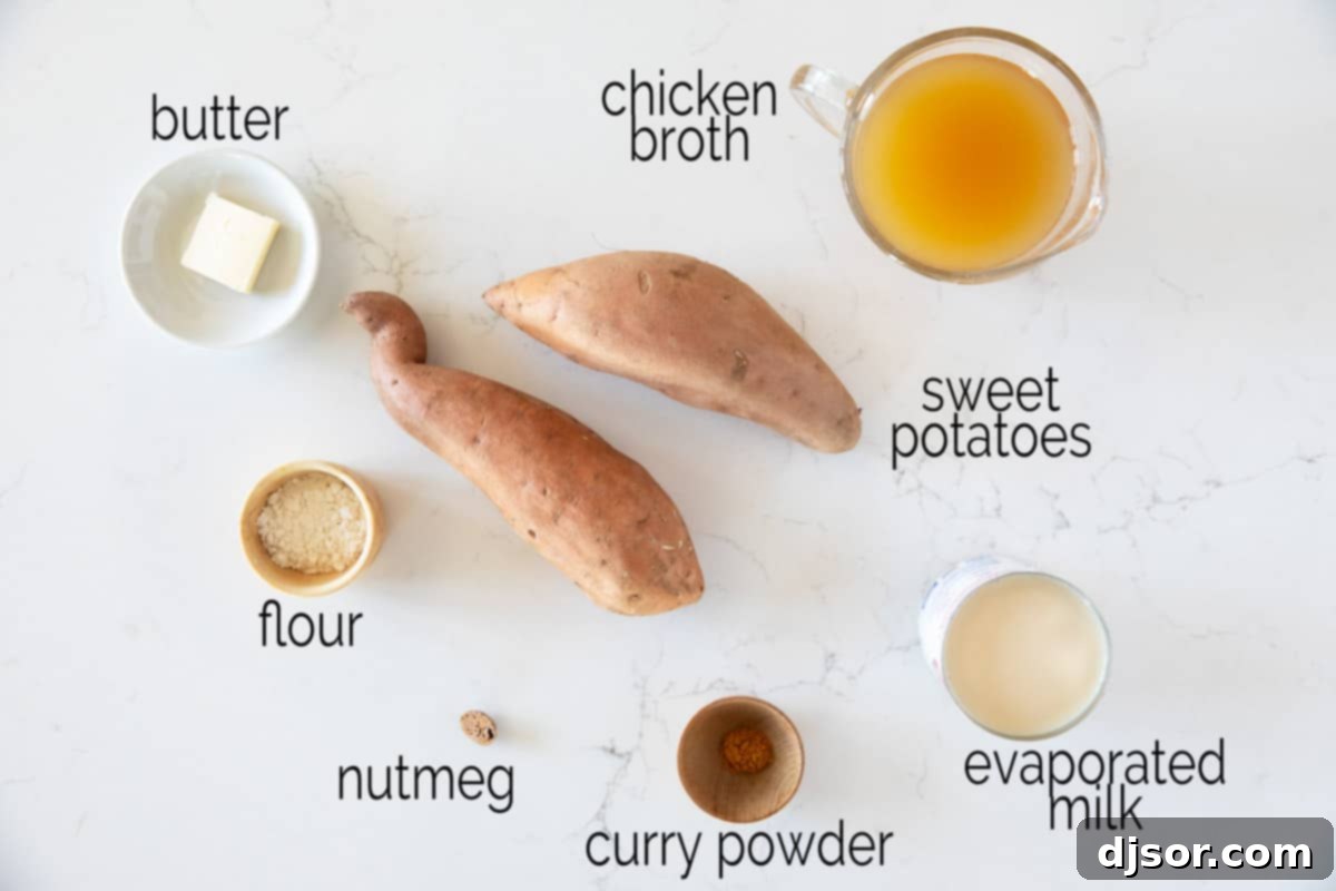 Creamy and delicious, this Sweet Potato Soup is super simple with a hint of curry and nutmeg. It is perfect as a starter, or serve it up with fresh bread for a comforting dinner. Ingredients to make Sweet Potato Soup.