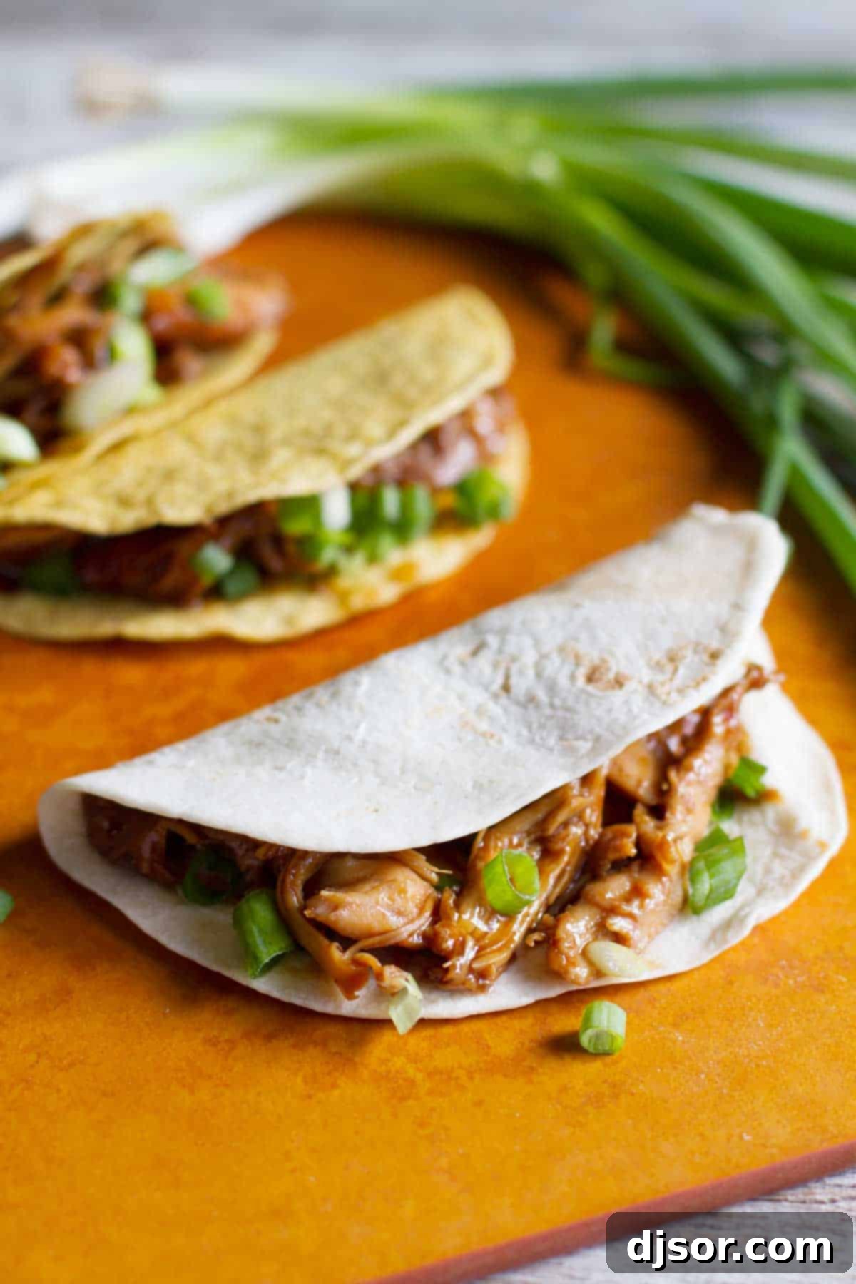 Honey Garlic Chicken Tacos made with soft and hard tortillas.