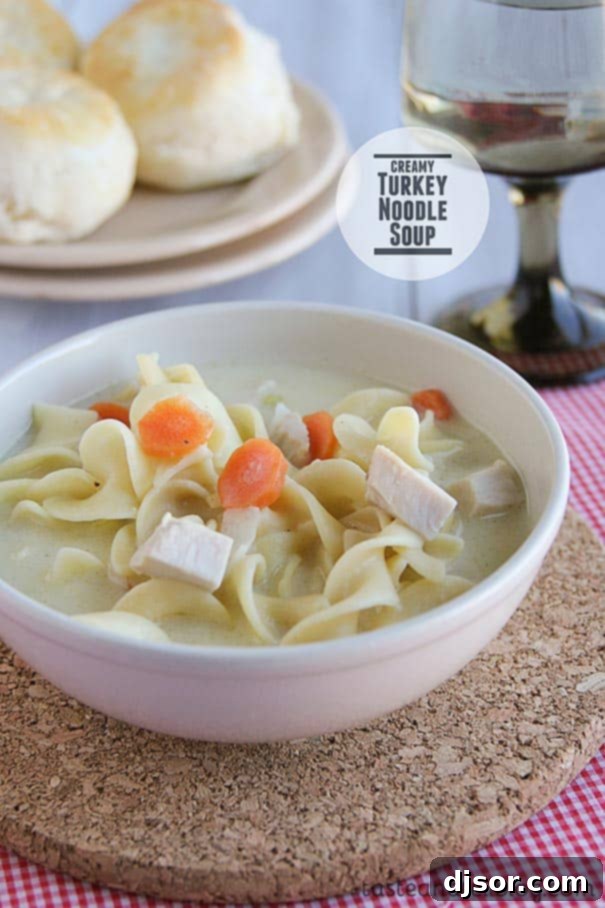 The perfect leftover soup, this Creamy Turkey Noodle Soup is ideal for Thanksgiving leftovers, but is a great way to use up leftover chicken, as well!
