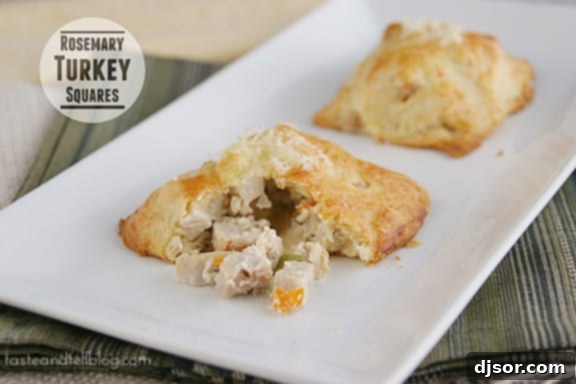 A great way to use up leftover turkey! Turkey and rosemary are bundled in crescent rolls for an easy dinner full of flavor in these Rosemary Turkey Squares.