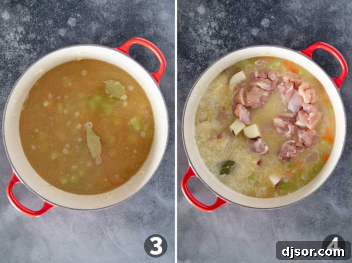 Hearty Chicken Stew 5 Chicken, diced potatoes, and broth being added to the sautéed vegetables in a Dutch oven, preparing the base for simmering the chicken stew.