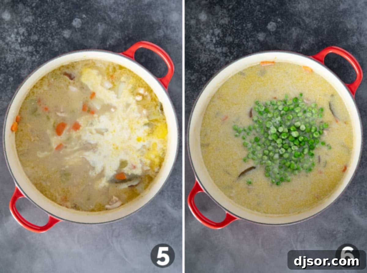 Hearty Chicken Stew 6 Heavy cream and frozen peas being stirred into a simmering chicken stew in a Dutch oven, adding richness and freshness to the dish.