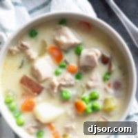 Hearty Chicken Stew 9 Bowl of chicken stew with chicken thighs, potatoes, and vegetables.