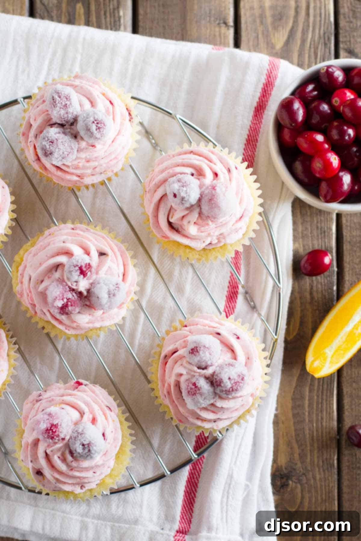 Decadent Cranberry Orange Cupcakes, exquisitely frosted and adorned with sugared berries. Cranberry orange cupcakes topped with fresh cranberry orange frosting and glistening sugared cranberries, ready for a festive table.